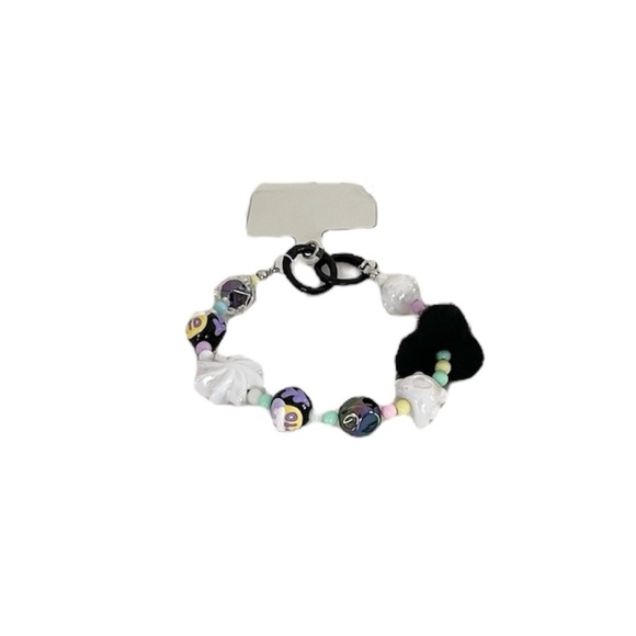 Black & Purple Pom Pom Kitty Beaded Charm Phone Accessory Wristlet with tab - Picture 4 of 17